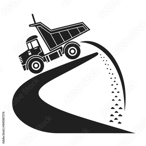 Stylized black silhouette of a dump truck unloading sand or gravel. Vector icon representing road construction and heavy machinery.