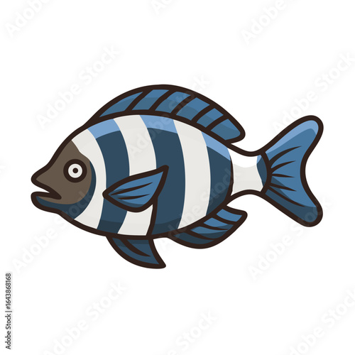 Cartoon striped fish in blue tones on black background