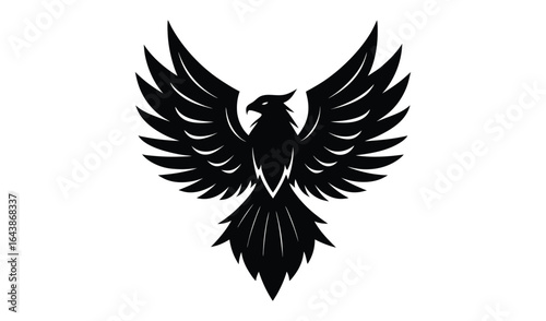 Black silhouette of a mythical phoenix bird with spread wings and detailed tail feathers