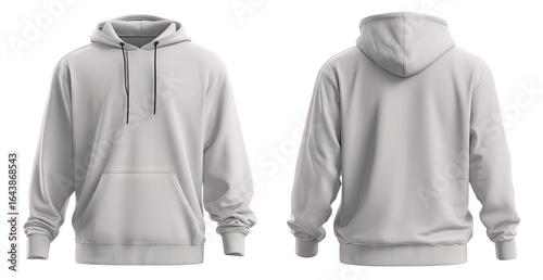 Light grey pullover hoodie shown front and back, featuring a kangaroo pocket, drawstring hood, and long sleeves