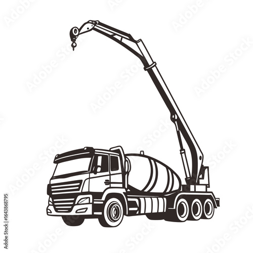 Silhouette of a concrete pump truck with its arm extended, isolated construction machinery vector illustration.