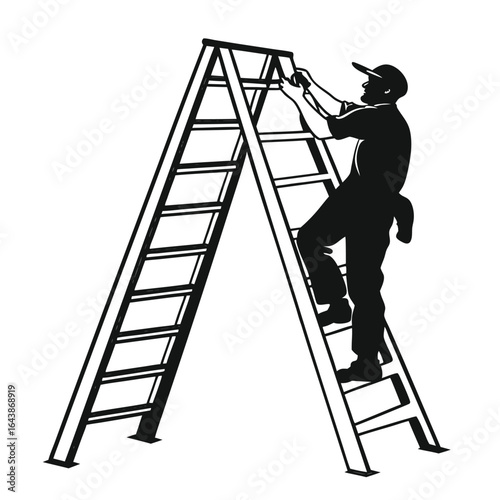 Silhouette of a worker climbing a stepladder. Black and white vector icon illustration of a handyman or electrician doing repair work.
