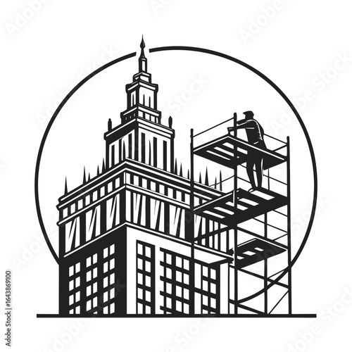 Silhouette of a builder on scaffolding restoring a vintage high-rise building. Vector logo for the construction industry.