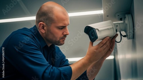 Security Technician Installing Surveillance Camera Indoor