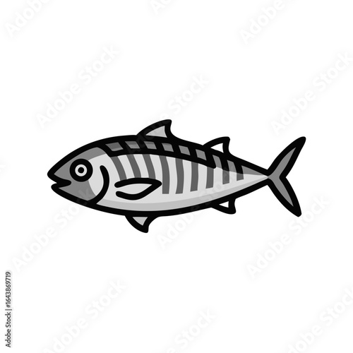 Monochrome mackerel illustration against stark black background for design