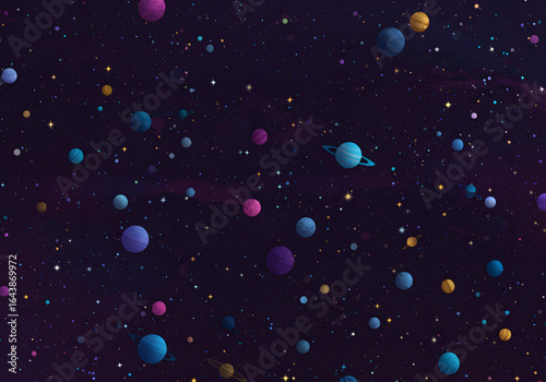 Vibrant planets and stars in a stylized cosmic space scene
