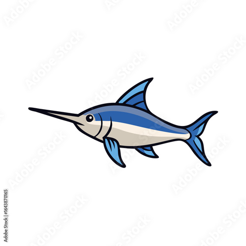 Cartoon swordfish illustration swimming in a black background space
