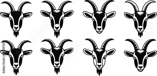 Black and white goat head vector illustration, farm animal face icon, horned goat clipart, livestock design, rustic farm branding.