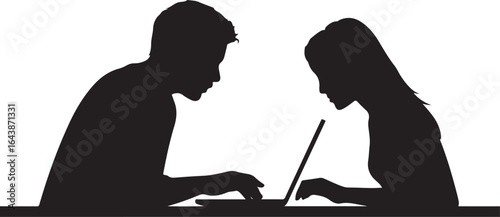 Couple Reading or Browsing Together on Laptop – Silhouette