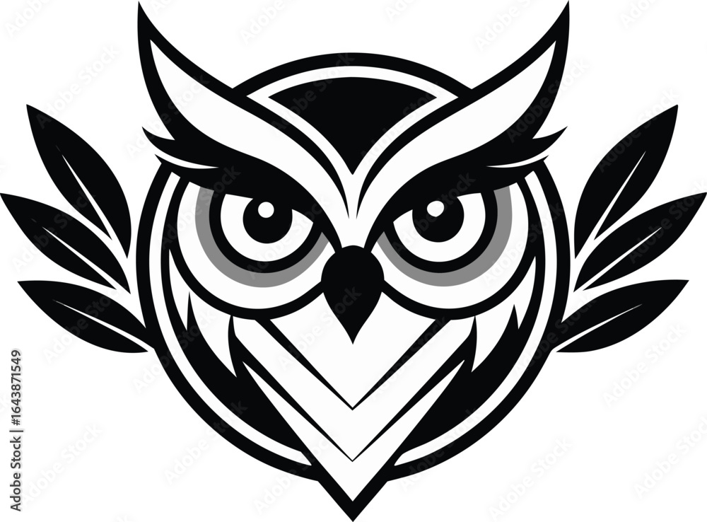 Naklejka premium Bold stylized owl emblem with wings, perfect for modern logo designs and branding, black and white
