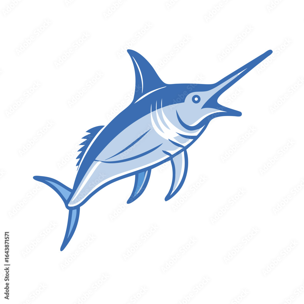 Fototapeta premium Stylized blue marlin illustration swimming on a black background