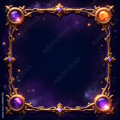 A gilded, ornate square frame with celestial and cosmic motifs, featuring four glowing, gem-like orbs at its corners against a deep space background.