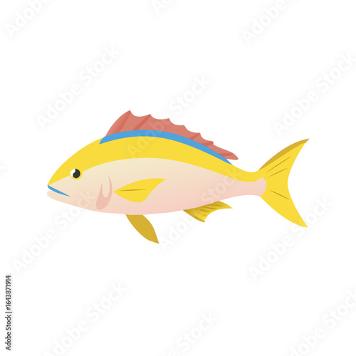 Stylized fish illustration with yellow, pink, and blue hues