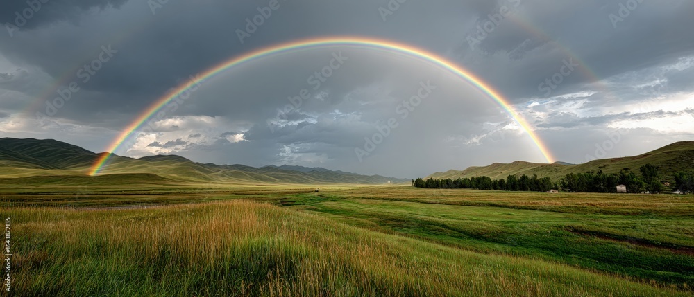 Naklejka premium Landscape with Full Rainbow and Rolling Hills
