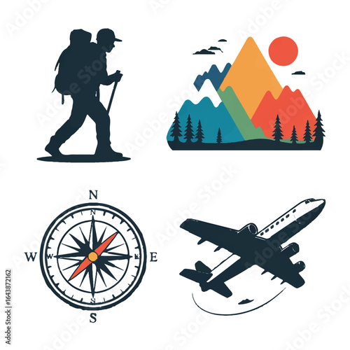 Vector art of collection of travel and adventure icons including a hiker, mountains, compass, and airplane, isolated on white background