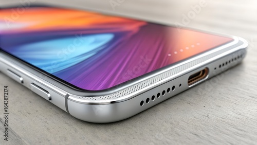 A sleek silver smartphone displaying a vibrant abstract wallpaper rests on a light wooden table, highlighting its modern design and side details.