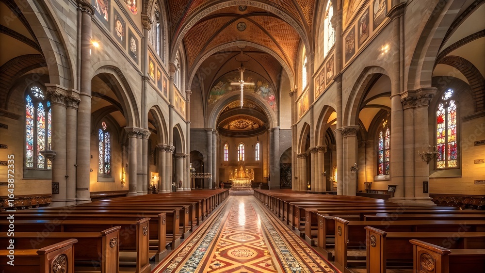 Obraz premium Majestic Gothic Cathedral Interior with Stained Glass Windows and Ornate Altar