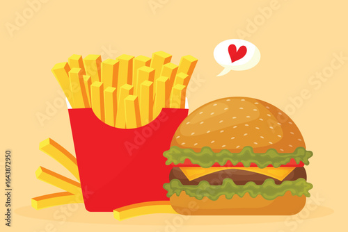 Cheeseburger with crispy french fries vector design.