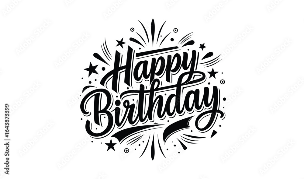 Naklejka premium Handwritten happy birthday text with celebratory bursts and stars