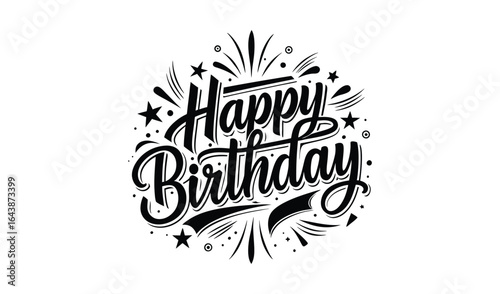 Handwritten happy birthday text with celebratory bursts and stars