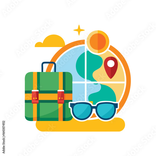 Travel and adventure with suitcase globe sunglasses and sun
