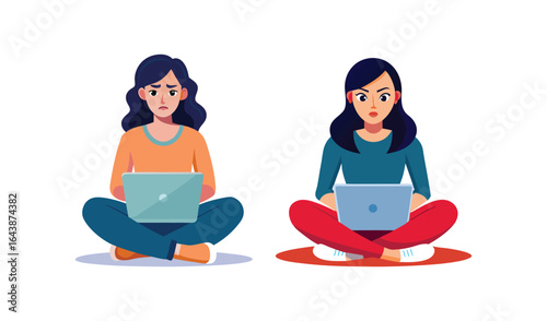 Two young women sitting cross legged with laptops on their laps