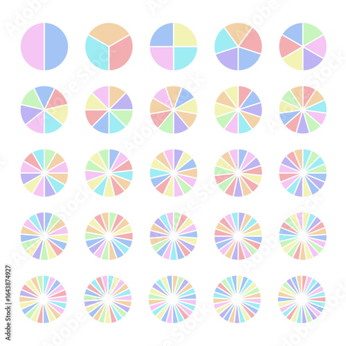 Data visualization icon set with multicolored pie charts. Symmetrical slices from 2 to 26 parts. Simple flat vector design for analytic, dashboard, report illustration