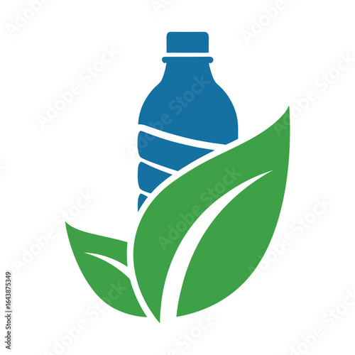 Blue water bottle icon with green leaves and white background vector