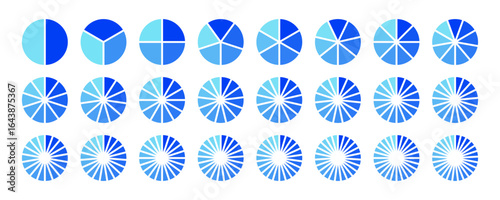 Set of blue gradient pie chart icons with divided circle segments from 2 to 25 parts. Circular diagram collection. Circle section graph