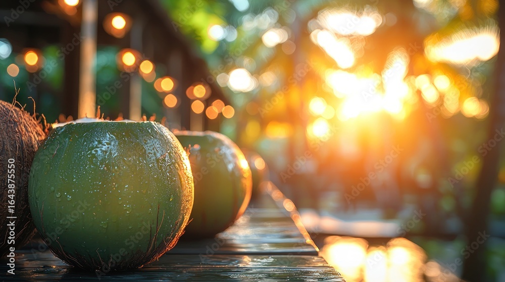 Fototapeta premium Coconuts drink at the terrace in sunset light