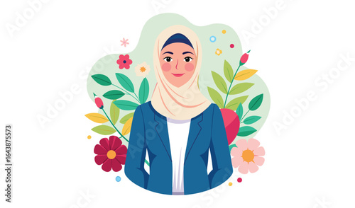 Young muslim woman wearing a hijab and blazer with floral background