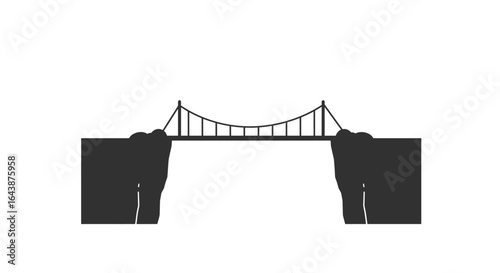 Suspension bridge silhouette connecting two cliffs over a chasm. A minimalist vector illustration symbolizing connection, solutions, and bridging the gap.