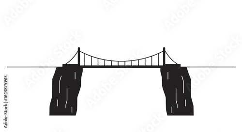 Simple vector illustration of a suspension bridge connecting two cliffs over a chasm, symbolizing bridging the gap and finding a solution.