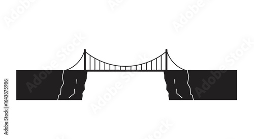 Sturdy suspension bridge icon spanning a wide chasm, a clear symbol of connection, progress, and overcoming obstacles in a minimalist black and white vector illustration.