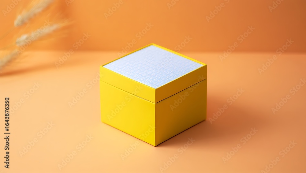 Obraz premium Bright yellow square box with textured white lid on orange background with blurred wheat stalks image