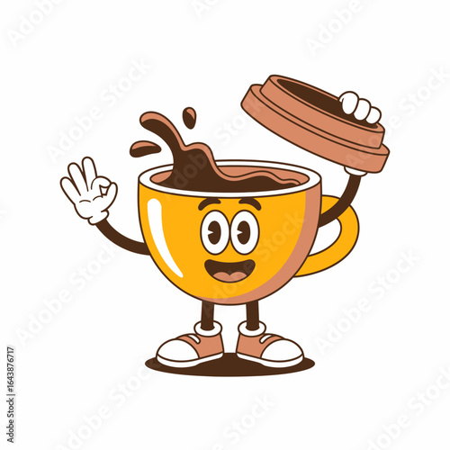 Happy Coffee Cup Cartoon Character with Spilling Coffee and Lid.
