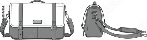 Messenger bag vector illustration, front and side views, flap closure, buckle straps, shoulder strap, cad drawing flat vector illustration