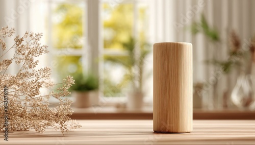 Light wooden cylinder sits on a table near dried flowers, in front of a sunlit window