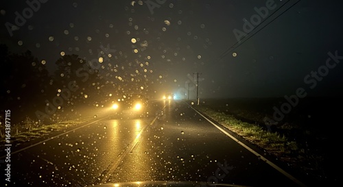 Rain-Streaked Windshield: Night Drive on Rural Road with Approaching Headlights