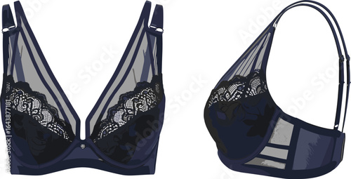 Bra CAD drawing, fashion flat sketch with lace trim, sheer mesh panel, adjustable straps, deep V-neck, lingerie vector illustration