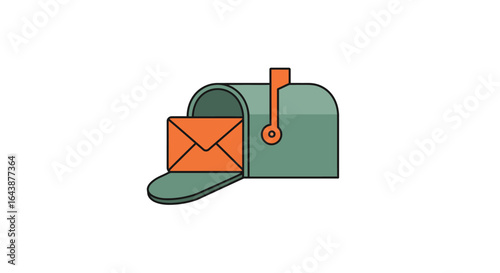 Open green mailbox with an orange envelope, vector icon representing new mail, message notification, and postal service communication.
