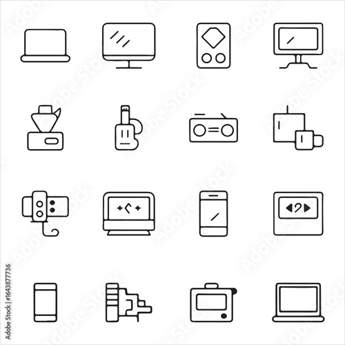 Devices collection of line style web icons, Gaming and Audio Devices, Controllers, music players, speakers and display screens.