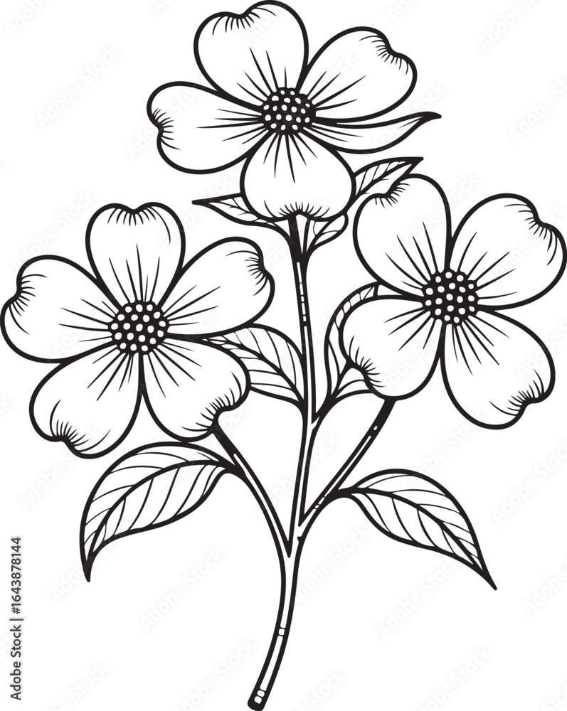 Obraz premium Detailed black and white illustration of blooming dogwood flowers and fresh green leaves.