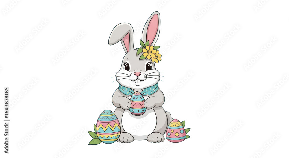 Fototapeta premium Charming easter bunny adorned with flowers and holding colorful painted eggs