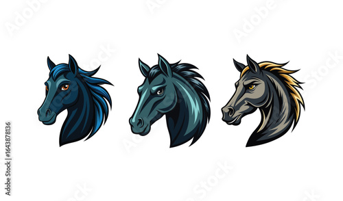 Three stylized horse heads in profile against white background