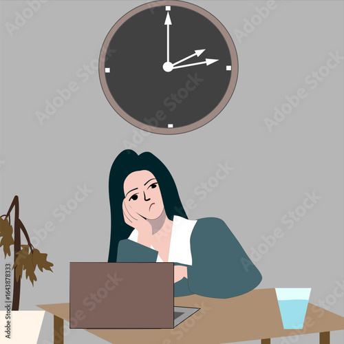 A boring Girl at the office waiting time to go home