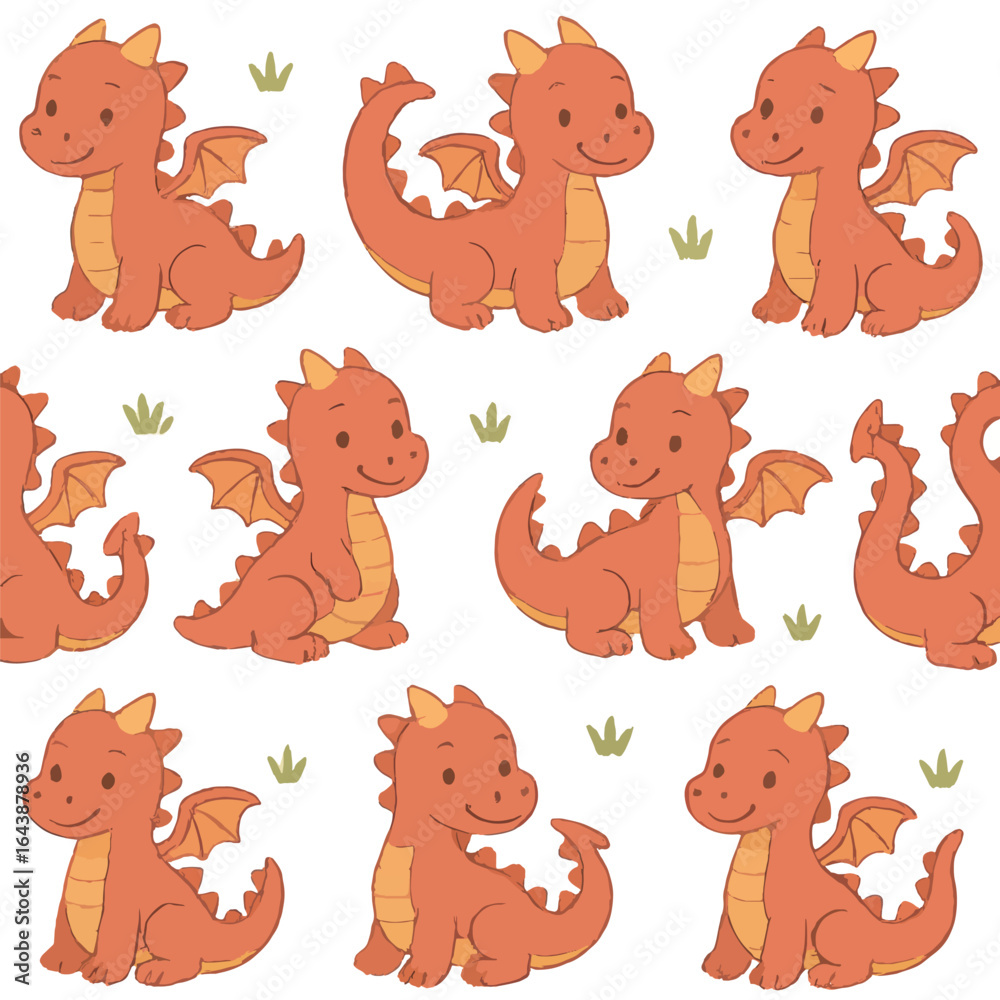 Fototapeta premium Whimsical Seamless Little Dragon with Grass Repeatable Cute Pattern