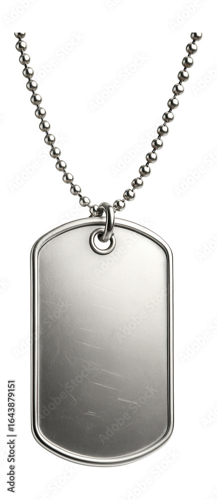 Fototapeta premium Silver military dog tag on beaded chain with metallic surface gleaming.