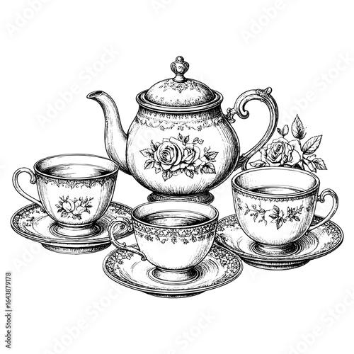 Victorian Tea Set – Copperplate Engraving Illustration