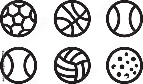 Collection of Black and White Sports Balls Depicted as Simple Outline Icons Representing Various Athletic Activities and Recreational Games